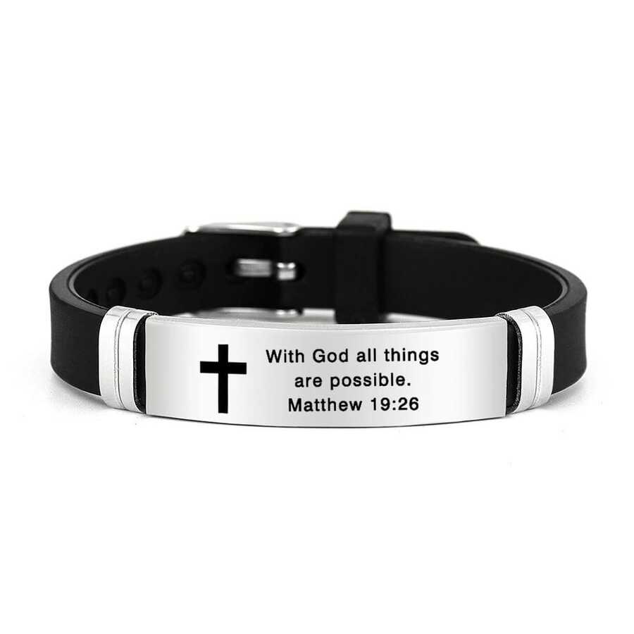 1pc Adjustable Christian Bible Verse Bracelet For Men, Stainless Steel & Silicone Strap With Cross And Scripture, Inspirational Religious Jewelry Gift For Husband, Father, Boyfriend, Son - Silver - View 1