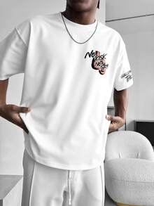 GRDR 1pc Men's Summer Cool Cotton Casual Loose Fit Letter Print Short Sleeve T-Shirt - White - View 8