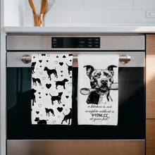 2pcs Simple Black & White Pitbull Holding Spoon Pattern Kitchen Towels, Soft Polyester Material Dish Cloths, Suitable For Kitchen Decor, Cleaning, Holiday Party Decoration, Kitchen & Bathroom Essentials, Home Decor, Housewarming Gift - Multicolor - View 2