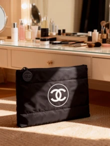 CHANEL Materiel, Black Makeup Bag, Down Cotton, Large Capacity, Travel Organizer, Zippered, Portable, Travel Makeup Bag - Black - View 1