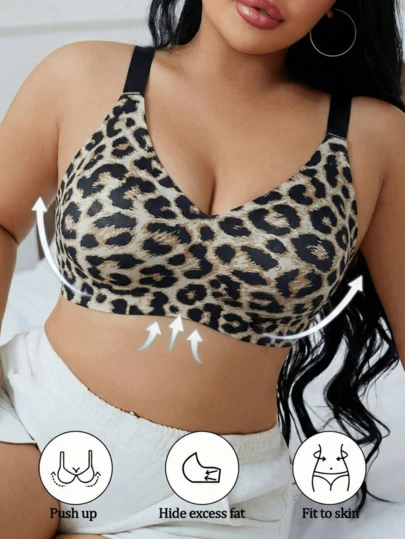 Plus Size Leopard Print Seamless Wireless Sports Bra - Full Coverage, Non-Slip, Lift & Support, Comfortable Fit, Leopard Contrast Color Floral Details, Nylon & Elastane Blend, Hand Wash - Elegant