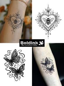 Boldink 1张优雅的心形、蜜蜂、蝴蝶装饰性临时防水纹身贴纸，持久1-2周，果汁纹身贴纸，秋冬季理想的身体装饰，深受女性和时尚达人的喜爱 - 黑色 - 查看 2