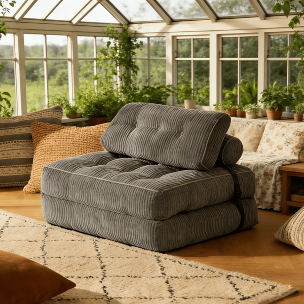  Fabulcozy Einzel-Schlafsessel mit Kissen und faltbarer Matratze, 4-in-1-Schlafsofa, tragbar, ausklappbar, bequemes Bodensofa für Wohnzimmer und Schlafzimmer, Grau