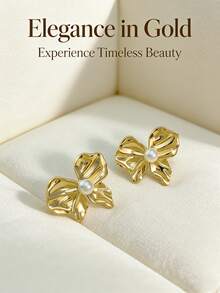 不锈钢蝴蝶结形珍珠耳钉 - 女士宣言系列。珍珠耳环。蝴蝶结形耳环。适合婚礼、舞会、生日、时尚首饰、派对礼物、各种场合的礼物。 - 彩色 - 查看 3