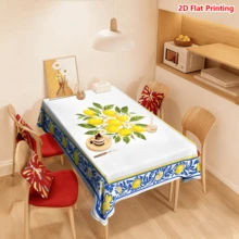 1/20 piezas Mantel con estampado floral de limón, con ribete azul y amarillo, adecuado para picnic, camping, boda, cumpleaños, bufé, decoración de primavera y decoración del hogar - Multicolor - Ver 5