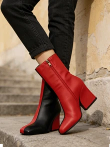 Women's BLACK RED COLOR BLOCKED CHUNKY BOOTIE  Chunky Heel Square Toe Short Boots Ankle Boots - Màu hỗn hợp - Xem 4