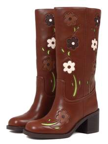 Women's Western Mid Calf Boots Chunky Block Heel With Flower Embroidery Square Toe Low Heel Comfortable Retro Cowgirl Western Boots - Brown - View 3