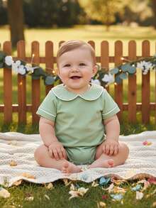 Baby Boy Girl Bubble Romper Infant Short Sleeve Collar Romper Oversize T-Shirt Cotton Bodysuit Top - 寶藍色 - 查看 6