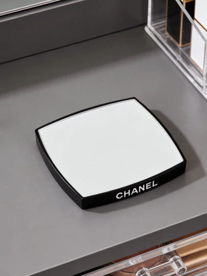 CHANEL Black Leather Folding Makeup Mirror, Standalone, Portable, Elegant Leather Makeup Mirror, Folding Design, Portable, Black, Elegant Mirror