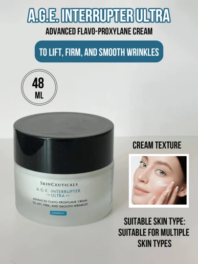  SkinCeuticals A.G.E. Interrupter Ultra Advanced Flavo-Proxylane Cream, 48 ml fullstorlek/15 ml resestorlek/3 ml miniprov, anti-agingkräm som lyfter och fastar huden, jämnar ut och bleknar fina linjer/rynkor, stramar upp ansiktskonturer, ökar kollagen och stärker barriären, krämtextur för flera hudtyper, perfekt för dagligt bruk/kontor/resor, premium anti-rynk-uppstramande hudvård, gåva
