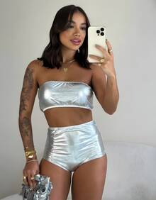 Women's Carnival Set With Glitter, Padded Cups, Hot Pants, Sizes P To GG, Carnival Block Party - 銀色 - 查看 5