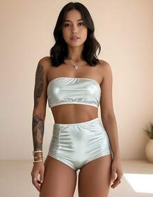 Women's Carnival Set With Glitter, Padded Cups, Hot Pants, Sizes P To GG, Carnival Block Party - 銀色 - 查看 13
