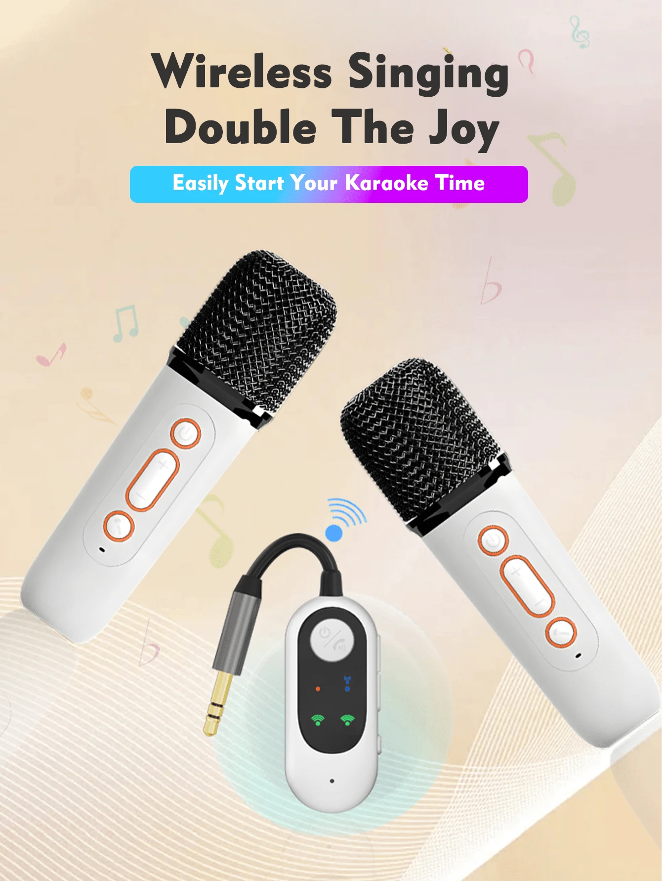 Wireless Microphones, Car Karaoke Microphone With Bluetooth Adapte, Plug And Play Your Current Audio Deice, Gift For Adults, For Singing, Home Party, Car Travel(Two Microphone + One Bluetooth Adapter),Beige