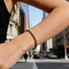 1pc Gold & Silver Stainless Steel Waterproof Bracelet, Women's Anti-Fading Elastic Beaded Bracelet, Layerable Gold-Plated Pearl Ball Bracelet, Gift For Her - Yellow Gold - View 4