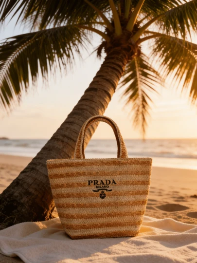 Prada Materiel, Geantă de paie cu dungi bej și maro, cu logo brodat, ușoară, pentru călătorii, geantă de machiaj