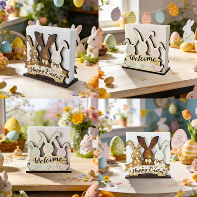 Suport pentru șervețele de Paște 1/2 buc, rustic din lemn în formă de iepure cu semnul "Paște fericit", potrivit pentru decorul de masă de bucătărie în stil rustic, cutie de șervețele, piesă centrală sezonieră