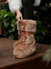 Women's Faux Fur Boots Fuzzy Fluffy Furry Snow Boots Round Toe With Lace-Up Design Cute Warm Suitable For Christmas Halloween And Winter - 駝色a - 查看 2