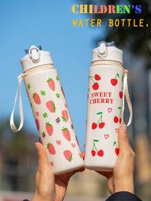 750ml Children's Water Bottle, Cute Straw Cup Gift For Girls & Boys, Suitable For Outdoor, School, Sports, Graduation, Butterfly & Cherry Heart Design, Portable - Multicolor - View 3