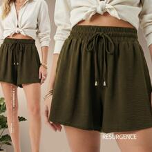 Women's Loose-Fitting Dark Green High-Waisted Elastic Waistband Comfortable Dune Fabric Casual Chic Everyday Lightweight Basic Blogger Style Knit Fabric Faux Drawstring Women's Fashion Home Beach Vacation Diary Brunch Travel Spring Summer - 墨綠色 - 查看 4