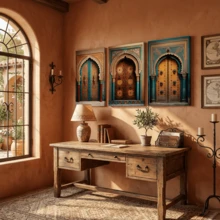 三联摩洛哥门框帆布墙画 - 三幅色彩鲜艳的伊斯兰图案帆布画，可选画框，波西米亚风格家居装饰，适合客厅和玄关，充满文化气息，现代风格，可用于卧室和休息室。