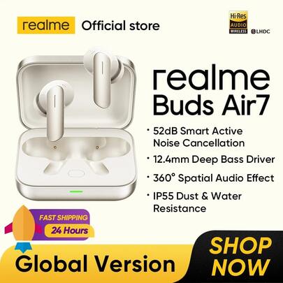  Realme Buds Air 7, Bluetooth-Ohrhörer/In-Ear-Kopfhörer, 52 Stunden Standby, 12,4 mm Tieftöner-Einheit, 52 dB Smart Active Noise Cancellation, bis zu 52 Stunden Spielzeit, Hi-Res Audio zertifiziert, LHDC 5.0 High-Definition Audio-Codec