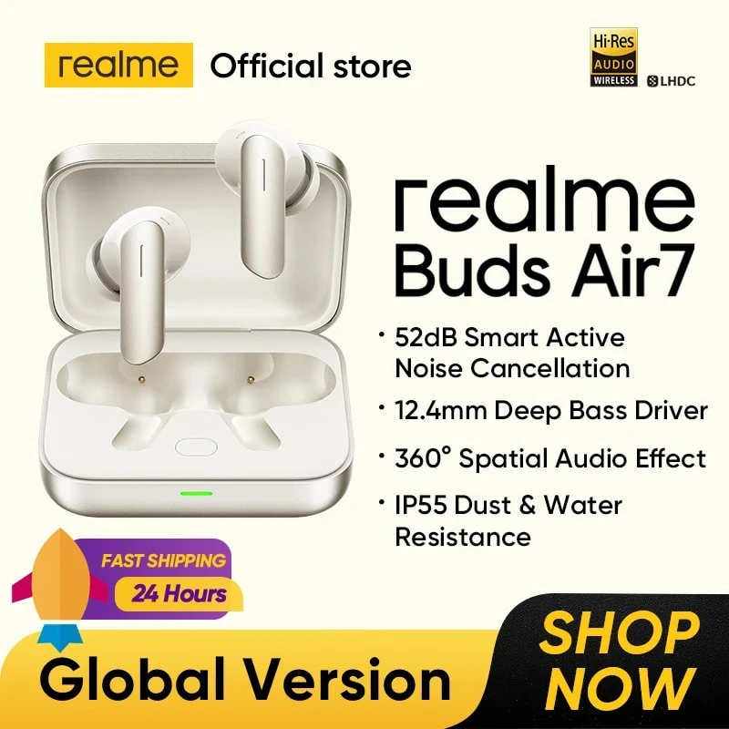 Realme Buds Air 7，蓝牙耳机/入耳式耳机，52 小时待机，12.4mm 深低音驱动单元，52dB 智能主动降噪，长达 52 小时播放时间，Hi-Res Audio 认证，LHDC 5.0 高清音频编解码器