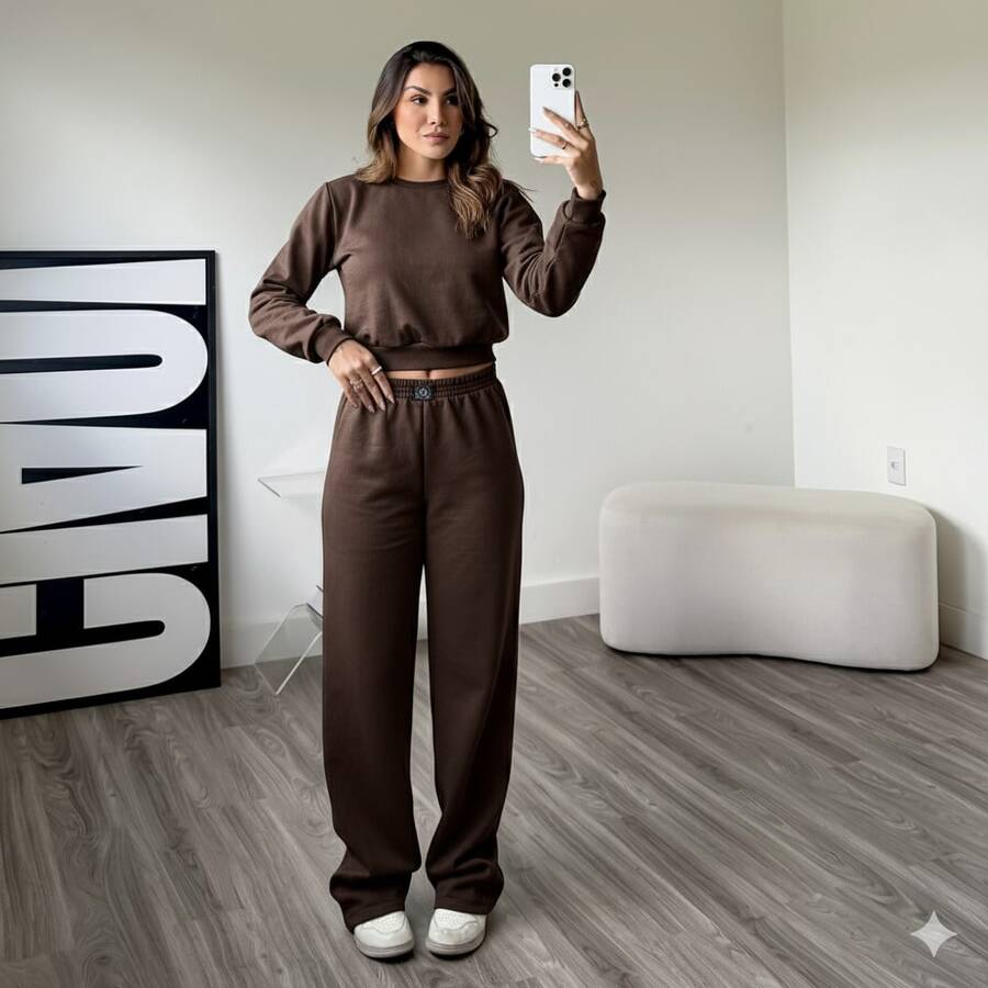 Women's Fleece Set: Long-Sleeved Cropped Sweatshirt In Fleece/Velvet Fabric (No Embroidery) + Wide-Leg Pants - Óxido marrón - Ver 1