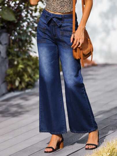 Vaqueros rectos de mezclilla azul para mujer con cintura con cinturón, casuales y elegantes.