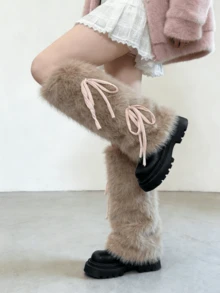 1 Pair Y2K Style Fuzzy Leg Warmers With Bow Tie Straps, In White/Khaki/Coffee, Suitable For Autumn/Winter (May Have Slight Shedding) - Multicolor - View 9