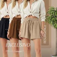 Women's Loose-Fitting High-Waisted Shorts With Elastic Waist, Comfortable, Duna Fabric, Casual, Chic, Everyday, Lightweight, Basic, Blogger Style, Knit Fabric, Faux Drawstring, Women's Fashion, Home, Beach, Vacation, Diary, Brunch, Travel, Spring, Summer - 紅木色 - 查看 8