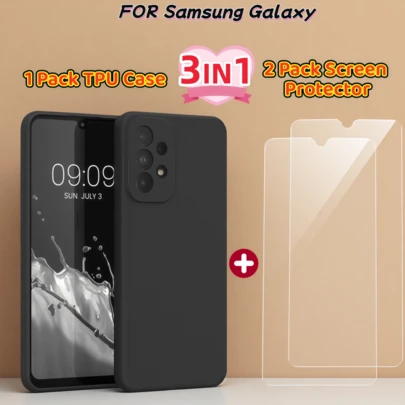 三合一套装！适用于 Galaxy A90 5G、A20s、M35 5G、A70s、A20e、M33 5G、A70、A20、M33、A50s、A16 4G/5G、M32 5G、A50、A16、M32 4G、A42 5G、A15 5G、M31、A41、A15、M30/A40S、A40s、A14 5G、M30s、A40、A14、M30、A33 5G、A13 5G、M23 5G、A32 4G、A13 4G、M23、A32 5G、A13、M22、A31、A12 5G、M21s、A30s/A50/A50s、A12 4G、M21、A30S、A12、M20 的手机壳，包含 1 个 TPU 手机壳和 2 张钢化玻璃屏幕保护膜。