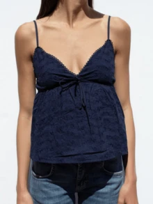 Women Lace Camisoles V-Neck Spaghetti Strap Casual Tank Tops Summer Fashion Sleeveless Vests Streetwear - màu xanh hải quân - Xem 2