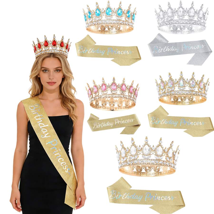 Bộ 2 món phong cách Baroque cổ điển gồm vương miện cài tóc tròn và dải băng công chúa, đính đá lấp lánh, thích hợp cho tiệc sinh nhật, phù hợp cho phụ nữ dự đám cưới, cuộc thi sắc đẹp, sàn catwalk, tiệc sinh nhật, phụ kiện trang phục ngày Valentine, vương miện, vương miện cài đầu, phụ kiện đội đầu. - Nhiều màu - Xem 1