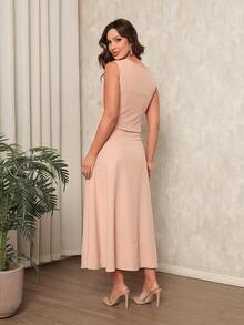 Women's Set: Vest With Faux Pocket And Buttons, And Long Twill Skirt. - 鮭魚色 - 查看 3