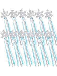 12pcs Elegant Silver Snowflake Wands With Blue Ribbon - Magical Winter Princess Wands, Plastic Material, Ideal For Theme Parties And Decorations, Party Decor | Winter Theme Decor | Durable Plastic Wands, Snowflake Decorations - Multicolor - View 11