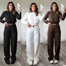 Women's Fleece Set: Long-Sleeved Cropped Sweatshirt In Fleece/Velvet Fabric (No Embroidery) + Wide-Leg Pants - Negro - Ver 4