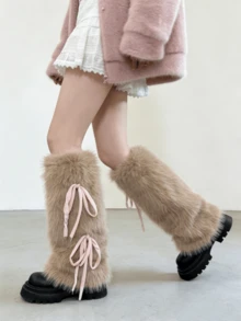 1 Pair Y2K Style Fuzzy Leg Warmers With Bow Tie Straps, In White/Khaki/Coffee, Suitable For Autumn/Winter (May Have Slight Shedding) - Multicolor - View 12