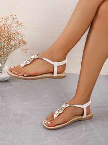 2026新款斋月女鞋，波西米亚风沙滩度假平底人字拖，串珠水钻人字拖沙滩女鞋，人字拖 - 米色 - 查看 2