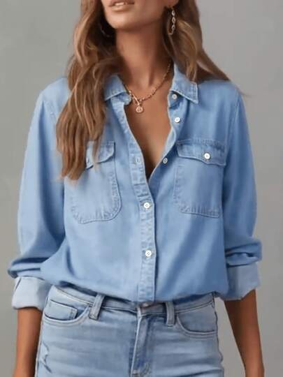 新款时尚休闲纯色水洗牛仔衬衫 - 百搭，适合上学、度假、日常穿着，四季皆宜