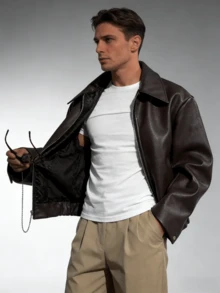 Men's Motorcycle Style Faux Leather Jacket - Loose Fit Zip-Up With Button Details, Beige Spring & Black Spring/Autumn Streetwear Coat, Fitted Sports Jacket & Spring Coat For Men, Western Outfits For Men, Christmas/Valentine Couple Style Outfit, Curve-Flattering Holiday Gift Suitable For Men & Women - 棕色 - 查看 2