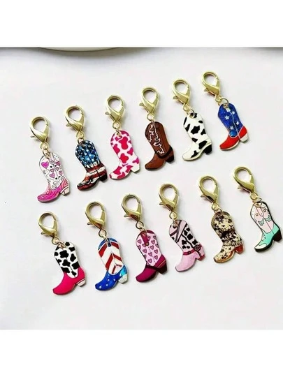 12 Pieces/Cowboy Boot Keychain Retro Western Style Cowboy Boot Set, Zinc Alloy, Various Western Style Boot Decorations, Geometric Patterns, Poano Theme