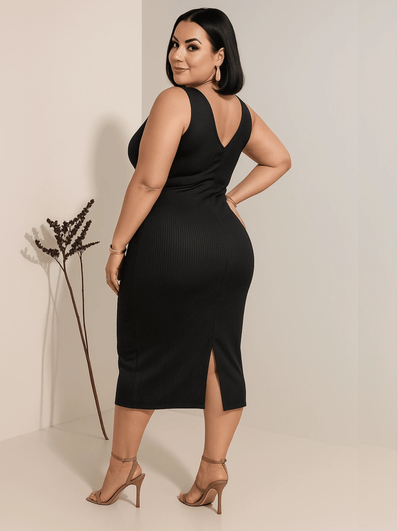 Women's Plus Size Midi Ribbed Tank Dress With V-Neck And Front Slit, Casual Fashion - 深黑色 - 查看 1