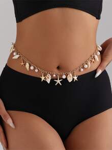1pc Fashionable Sexy Summer Starfish & Seashell Pearl Waist Chain, Suitable For Women To Wear For Vacation & Party - Multicolor - View 1