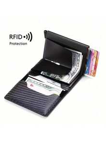 Men's Anti-Theft Magnetic Carbon Fiber RFID Aluminum Alloy Card Holder, Metal Pop-Up Credit Card Holder 8 Card Slots, Simple Design RFID Wallet, Suitable For Commuting, Business And Leisure Occasions, Minimalist Style - 黑色 - 查看 2