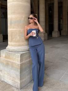 2pcs/Set Elegant Minimalist Holiday Party Commute Business Suit Co-Ord Sets Women, Autumn Strapless Waist Fitted Top & Pants Summer - Blue - View 6