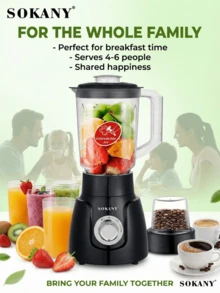 SOKANY SK-185 Multi-Function Blender, 2-In-1, 1.6L Capacity, Combines Food Processor, Coffee/Spice Grinder And Smoothie Blender - Black
