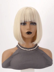 12 Inch Straight Synthetic Fiber Elegant Women's Golden Bobo Wig With Bangs, High-Density Bob Wig Suitable For Daily Wear And Parties, Party Accessories | Shoulder Length Wig | Synthetic Fiber Wig - Gold - View 3