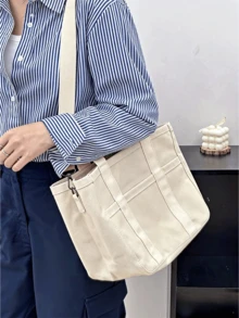 Large Capacity Multi-Pocket Shoulder Bag With Compartments, Versatile Handbag With Handles, Beige, Large School Tote Bag, Multiple Compartments, Perfect For Beach, School, Work & Daily Use - 米色 - 查看 7