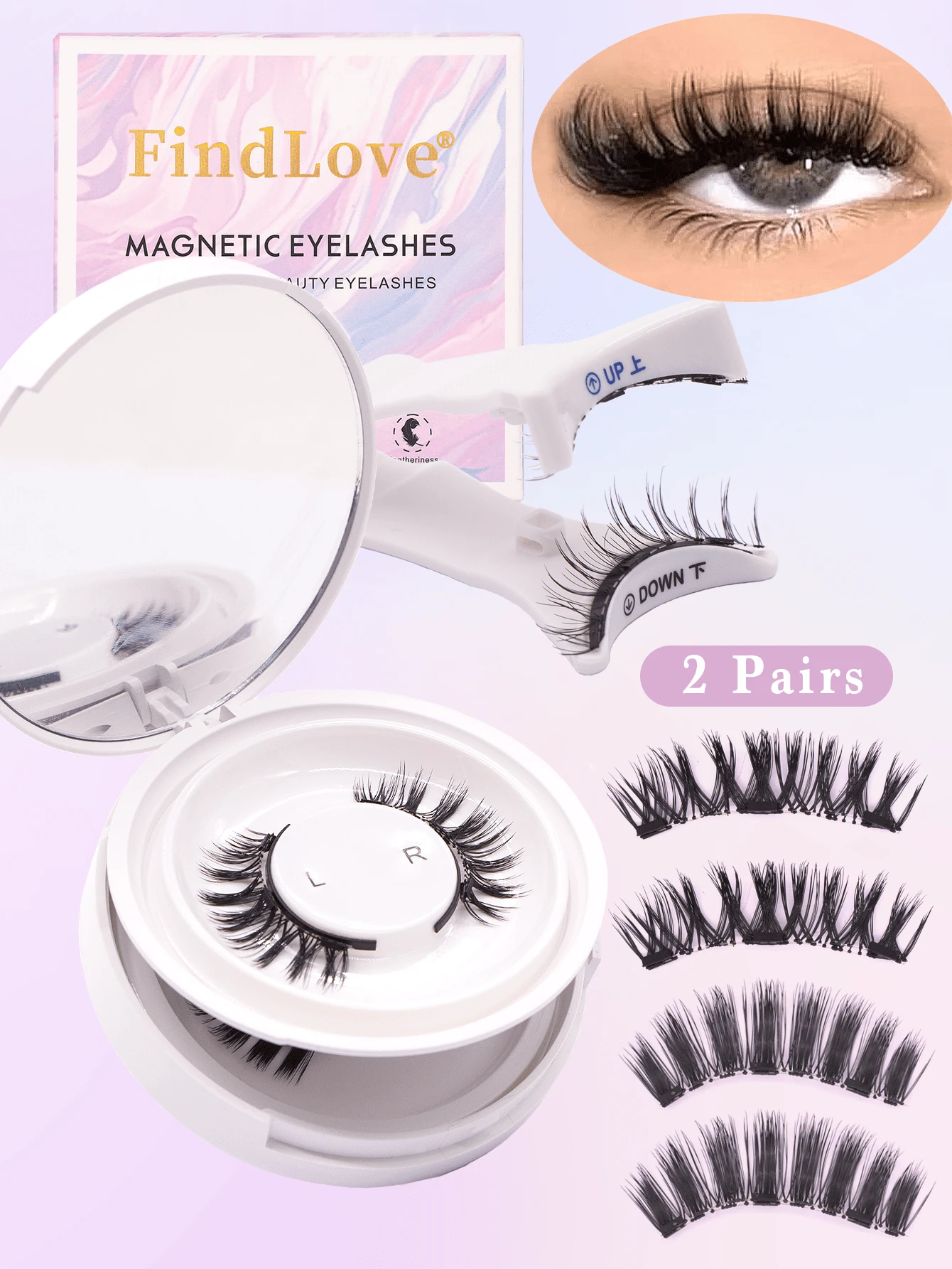 FindLove 2 Pairs Magnetic Eyelashes Comic False Eyelash Natural Look Reusable Magnetic Lashes With Wearing Clips Wear No Glue Needed Lashes Magnetic Eyelash Set Makeup Tools - Cat Eye Lashes - View 1
