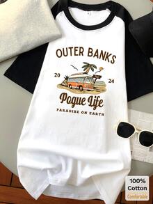 女士夏季休闲汽车印花短袖中长款T恤，时尚黑白上衣 - 黑拼白 - 查看 1